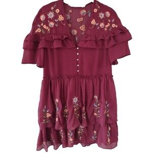 ZARA Womens Tiered Embroidered Dress Floral Mini Babydoll Burgundy Size XS